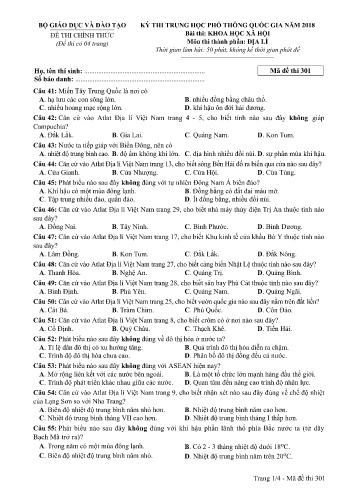 Đề thi THPT quốc gia năm 2018 môn Địa lí - Mã đề 301 (Kèm đáp án)