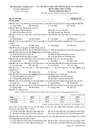 Đề thi THPT quốc gia năm 2018 môn Địa lí - Mã đề 315 (Kèm đáp án)