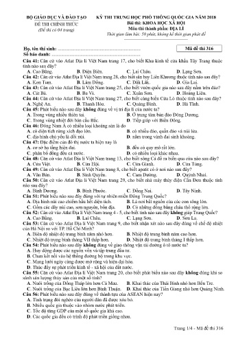 Đề thi THPT quốc gia năm 2018 môn Địa lí - Mã đề 316 (Kèm đáp án)