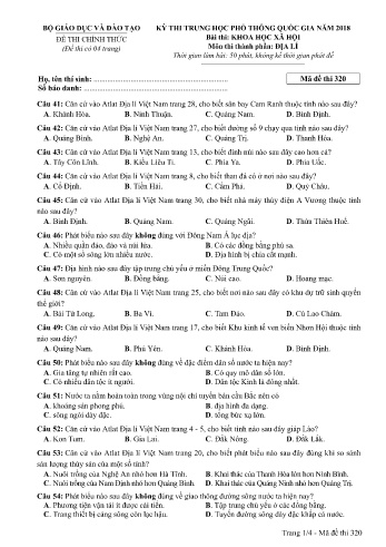 Đề thi THPT quốc gia năm 2018 môn Địa lí - Mã đề 320 (Kèm đáp án)