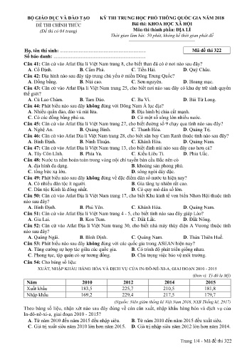 Đề thi THPT quốc gia năm 2018 môn Địa lí - Mã đề 322 (Kèm đáp án)