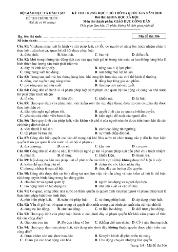 Đề thi THPT quốc gia năm 2018 môn Giáo dục công dân - Mã đề 306 (Kèm đáp án)