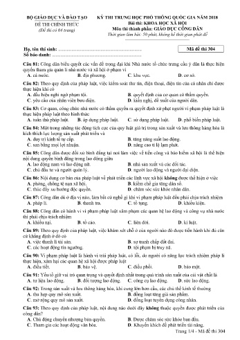 Đề thi THPT quốc gia năm 2018 môn Giáo dục công dân - Mã đề 304 (Kèm đáp án)