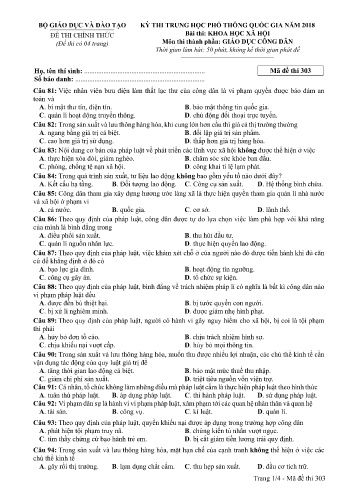 Đề thi THPT quốc gia năm 2018 môn Giáo dục công dân - Mã đề 303 (Kèm đáp án)