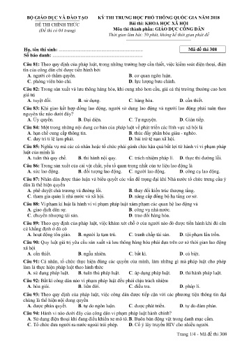 Đề thi THPT quốc gia năm 2018 môn Giáo dục công dân - Mã đề 308 (Kèm đáp án)