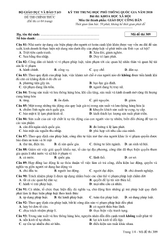 Đề thi THPT quốc gia năm 2018 môn Giáo dục công dân - Mã đề 309 (Kèm đáp án)