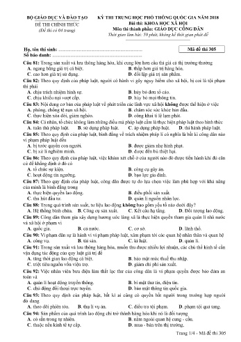Đề thi THPT quốc gia năm 2018 môn Giáo dục công dân - Mã đề 305 (Kèm đáp án)