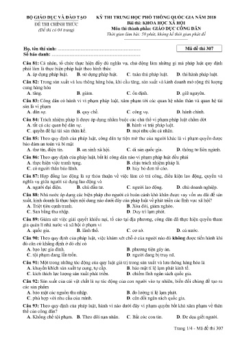 Đề thi THPT quốc gia năm 2018 môn Giáo dục công dân - Mã đề 307 (Kèm đáp án)