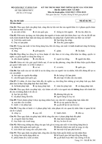 Đề thi THPT quốc gia năm 2018 môn Giáo dục công dân - Mã đề 301 (Kèm đáp án)