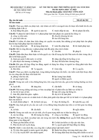 Đề thi THPT quốc gia năm 2018 môn Giáo dục công dân - Mã đề 302 (Kèm đáp án)