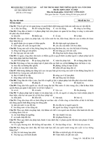 Đề thi THPT quốc gia năm 2018 môn Giáo dục công dân - Mã đề 314 (Kèm đáp án)
