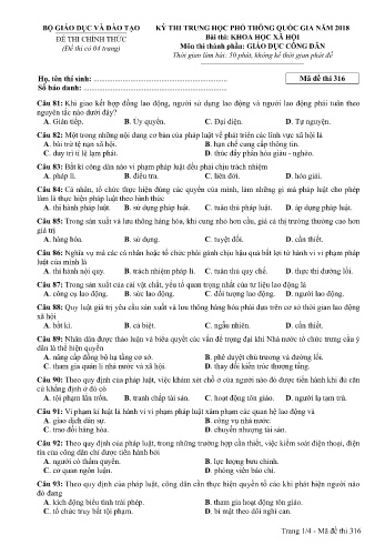 Đề thi THPT quốc gia năm 2018 môn Giáo dục công dân - Mã đề 316 (Kèm đáp án)