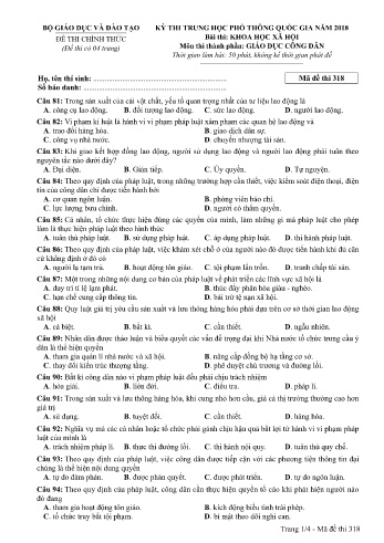 Đề thi THPT quốc gia năm 2018 môn Giáo dục công dân - Mã đề 318 (Kèm đáp án)