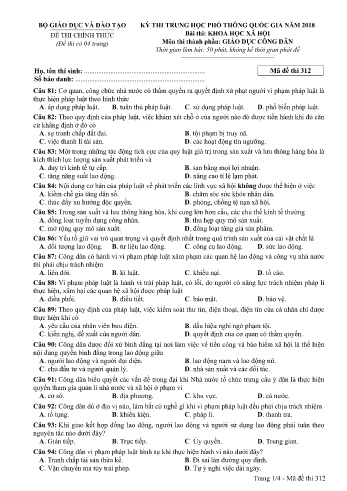 Đề thi THPT quốc gia năm 2018 môn Giáo dục công dân - Mã đề 312 (Kèm đáp án)