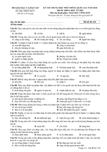 Đề thi THPT quốc gia năm 2018 môn Giáo dục công dân - Mã đề 310 (Kèm đáp án)
