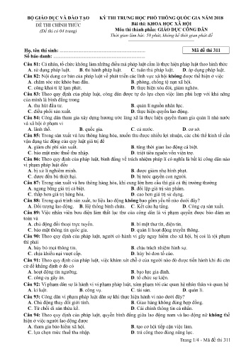 Đề thi THPT quốc gia năm 2018 môn Giáo dục công dân - Mã đề 311 (Kèm đáp án)
