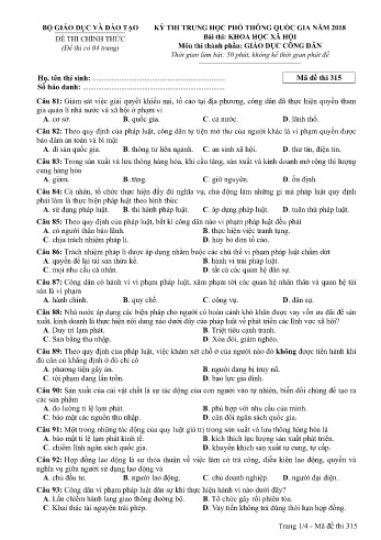 Đề thi THPT quốc gia năm 2018 môn Giáo dục công dân - Mã đề 315 (Kèm đáp án)