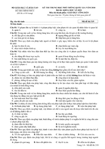 Đề thi THPT quốc gia năm 2018 môn Giáo dục công dân - Mã đề 319 (Kèm đáp án)