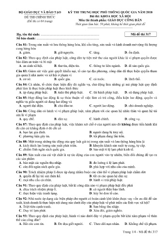 Đề thi THPT quốc gia năm 2018 môn Giáo dục công dân - Mã đề 317 (Kèm đáp án)