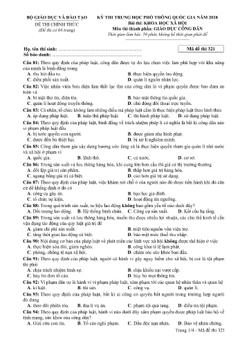 Đề thi THPT quốc gia năm 2018 môn Giáo dục công dân - Mã đề 321 (Kèm đáp án)