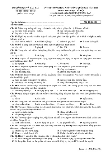Đề thi THPT quốc gia năm 2018 môn Giáo dục công dân - Mã đề 324 (Kèm đáp án)