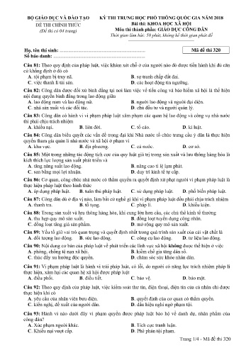 Đề thi THPT quốc gia năm 2018 môn Giáo dục công dân - Mã đề 320 (Kèm đáp án)