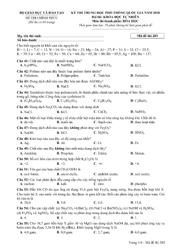 Đề thi THPT quốc gia năm 2018 môn Hóa học - Mã đề 203 (Kèm đáp án)