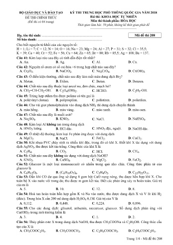 Đề thi THPT quốc gia năm 2018 môn Hóa học - Mã đề 208 (Kèm đáp án)