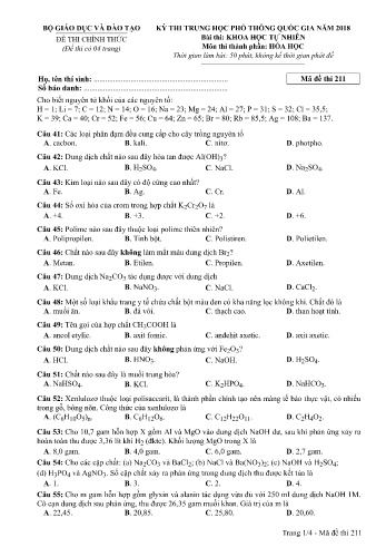 Đề thi THPT quốc gia năm 2018 môn Hóa học - Mã đề 211 (Kèm đáp án)