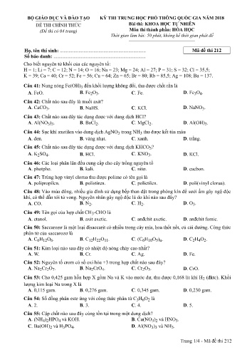 Đề thi THPT quốc gia năm 2018 môn Hóa học - Mã đề 212 (Kèm đáp án)