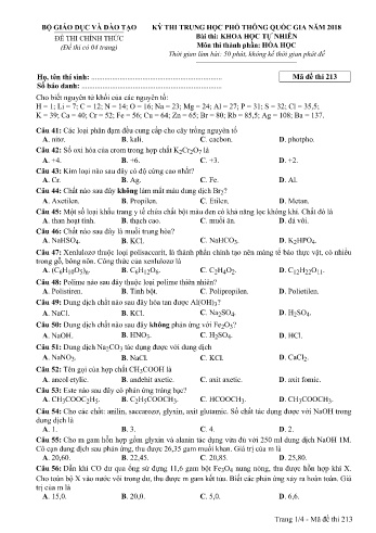 Đề thi THPT quốc gia năm 2018 môn Hóa học - Mã đề 213 (Kèm đáp án)