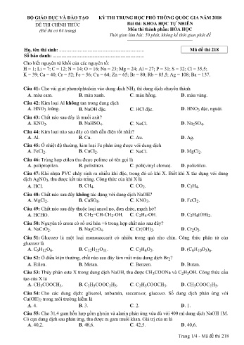 Đề thi THPT quốc gia năm 2018 môn Hóa học - Mã đề 218 (Kèm đáp án)