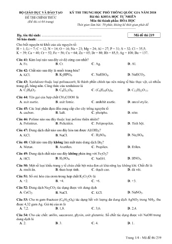 Đề thi THPT quốc gia năm 2018 môn Hóa học - Mã đề 219 (Kèm đáp án)