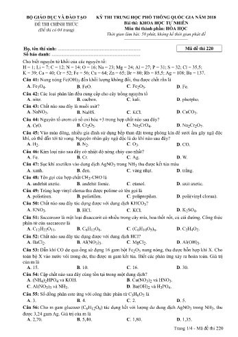 Đề thi THPT quốc gia năm 2018 môn Hóa học - Mã đề 220 (Kèm đáp án)
