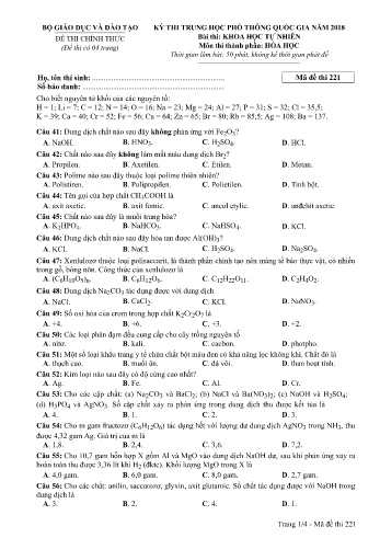 Đề thi THPT quốc gia năm 2018 môn Hóa học - Mã đề 221 (Kèm đáp án)
