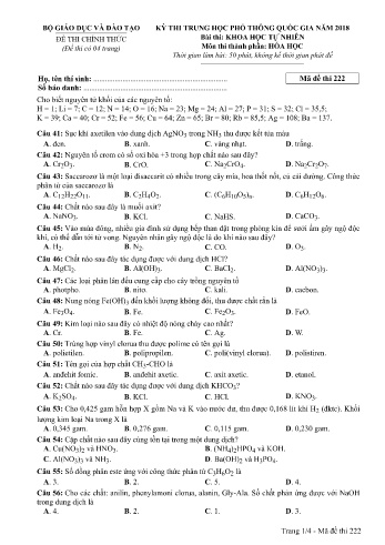 Đề thi THPT quốc gia năm 2018 môn Hóa học - Mã đề 222 (Kèm đáp án)