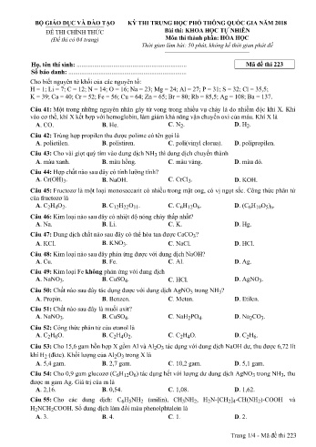 Đề thi THPT quốc gia năm 2018 môn Hóa học - Mã đề 223 (Kèm đáp án)