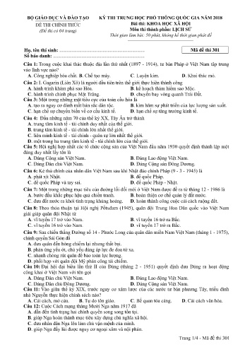 Đề thi THPT quốc gia năm 2018 môn Lịch sử - Mã đề 301 (Kèm đáp án)