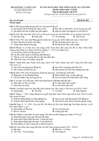 Đề thi THPT quốc gia năm 2018 môn Lịch sử - Mã đề 302 (Kèm đáp án)