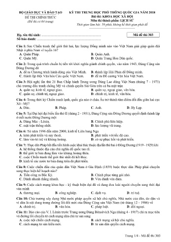 Đề thi THPT quốc gia năm 2018 môn Lịch sử - Mã đề 303 (Kèm đáp án)