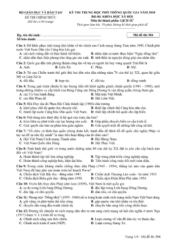 Đề thi THPT quốc gia năm 2018 môn Lịch sử - Mã đề 304 (Kèm đáp án)