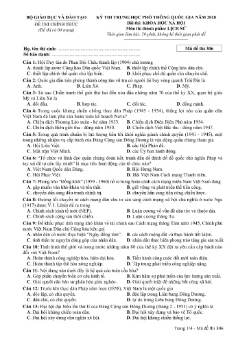 Đề thi THPT quốc gia năm 2018 môn Lịch sử - Mã đề 306 (Kèm đáp án)