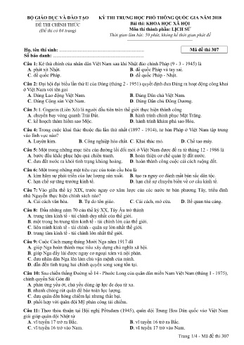 Đề thi THPT quốc gia năm 2018 môn Lịch sử - Mã đề 307 (Kèm đáp án)