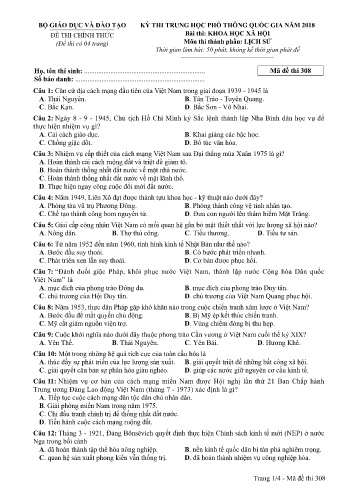Đề thi THPT quốc gia năm 2018 môn Lịch sử - Mã đề 308 (Kèm đáp án)
