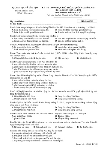 Đề thi THPT quốc gia năm 2018 môn Lịch sử - Mã đề 309 (Kèm đáp án)