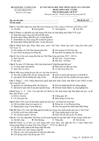 Đề thi THPT quốc gia năm 2018 môn Lịch sử - Mã đề 310 (Kèm đáp án)