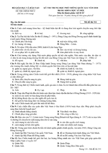 Đề thi THPT quốc gia năm 2018 môn Lịch sử - Mã đề 311 (Kèm đáp án)