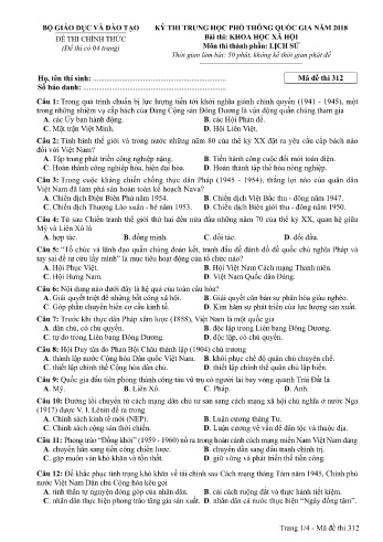 Đề thi THPT quốc gia năm 2018 môn Lịch sử - Mã đề 312 (Kèm đáp án)