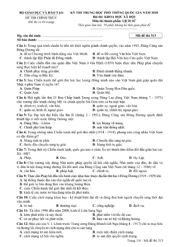 Đề thi THPT quốc gia năm 2018 môn Lịch sử - Mã đề 313 (Kèm đáp án)