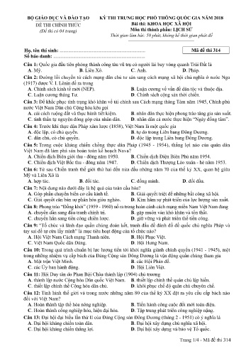 Đề thi THPT quốc gia năm 2018 môn Lịch sử - Mã đề 314 (Kèm đáp án)